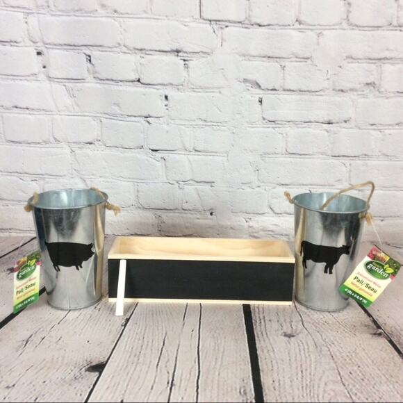 Lot of 3 Farmhouse Chic Decor 2 Galvanized Pails 1 Wood Box/Planter Chalkboard - Picture 1 of 7